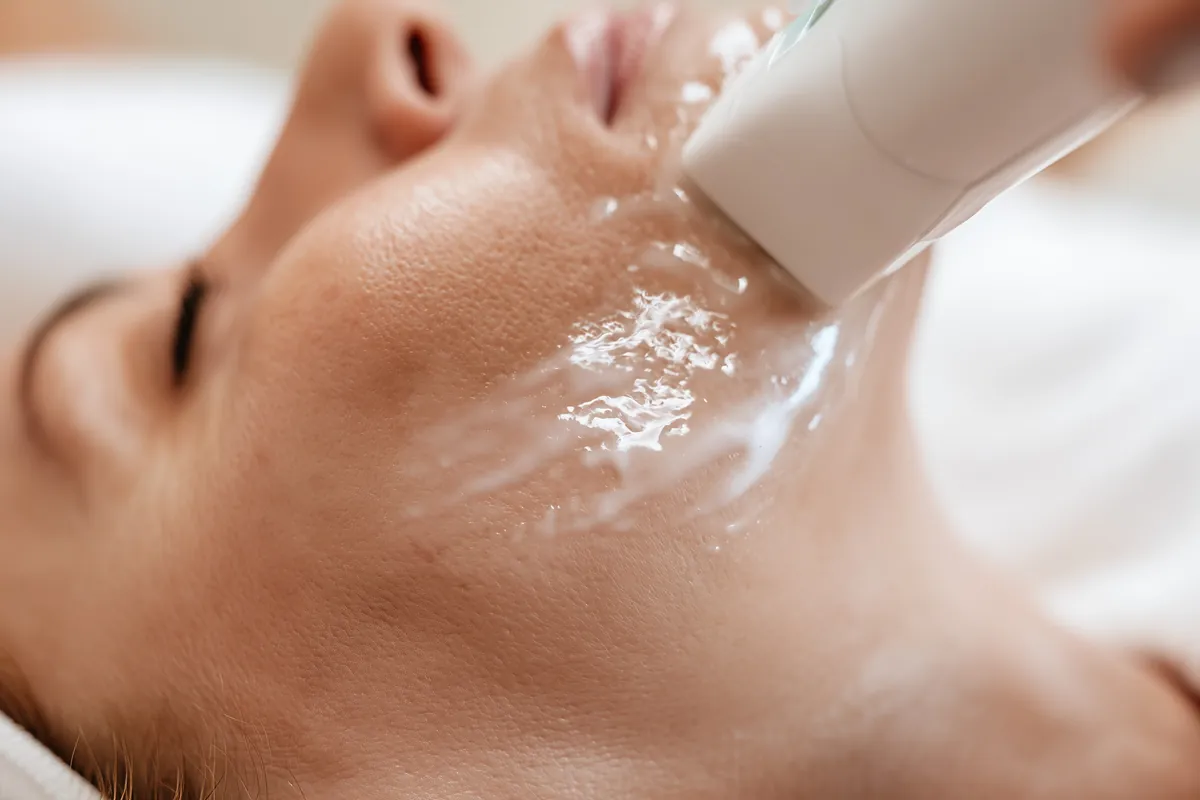 Cabezal de radiofrecuencia deslizándose sobre la piel con gel